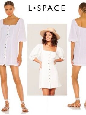 l*space White Square-Neck Puff-Sleeve Button Mini Dress